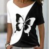 Vetements Azzlee Blouses Et Chemises | Noir Blanc Decontractee Graphique Hauts Col En V Papillon Imprime Manches Courtes Chemisier Black-White