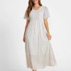 Vetements Azzlee Robes Maxi | Rayure Poches Col En V Manches Courtes Robe Maxi Blanc