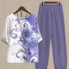 Vetements Azzlee | Violet Clair Occasionnel Col Rond Imprime Floral Demi Manche Costume Deux Pieces Light Purple