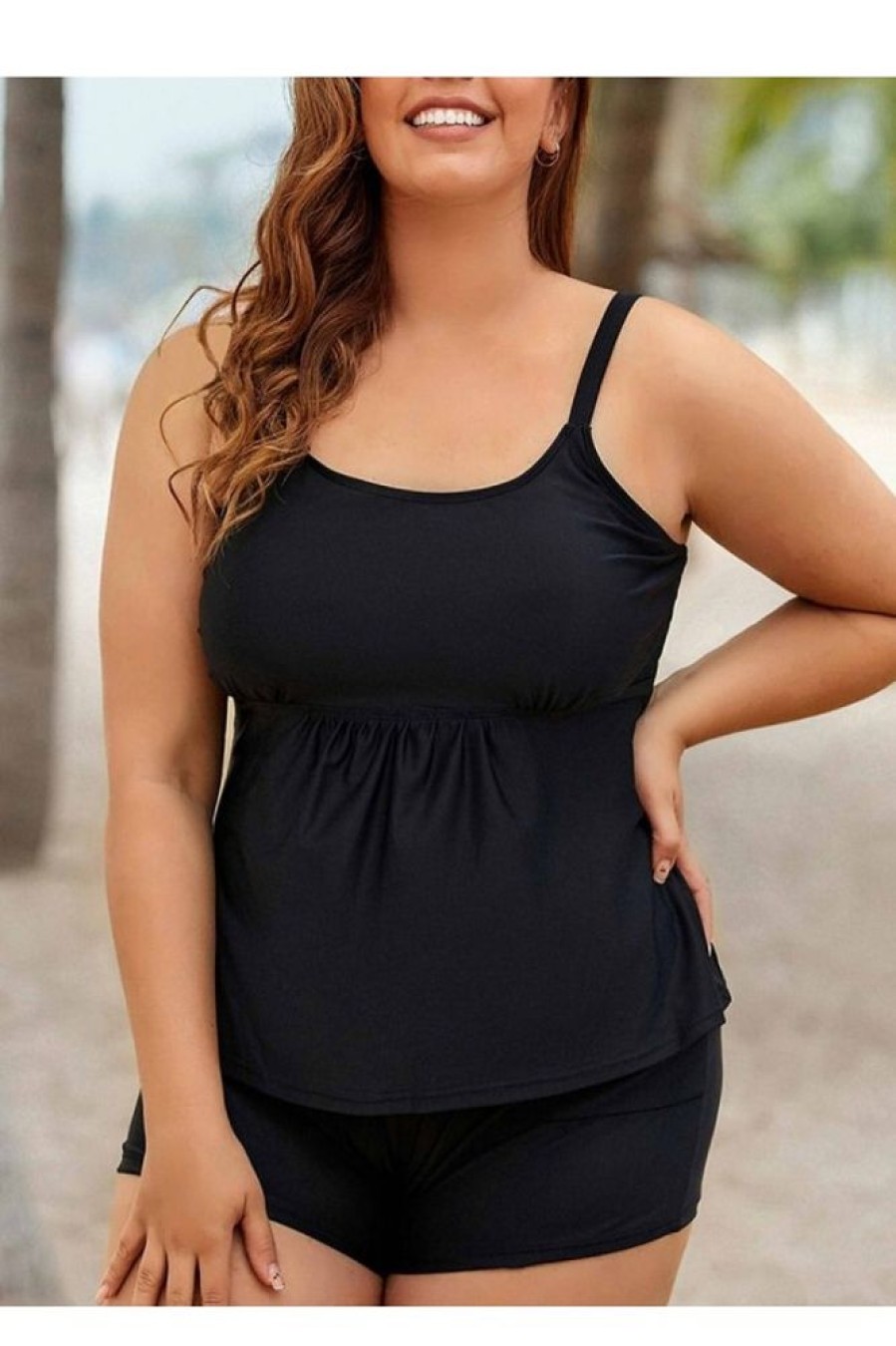 Vetements Azzlee Grande Taille | Ensemble De Tankini Taille Haute A Encolure Degagee Evasee Et A Bretelles Reglables Noir