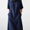 Vetements Azzlee Robes Mi-Longues | Coton Col Rond Manches Courtes Robe Midi Bleu Marine