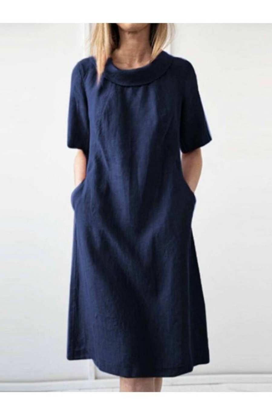 Vetements Azzlee Robes Mi-Longues | Coton Col Rond Manches Courtes Robe Midi Bleu Marine