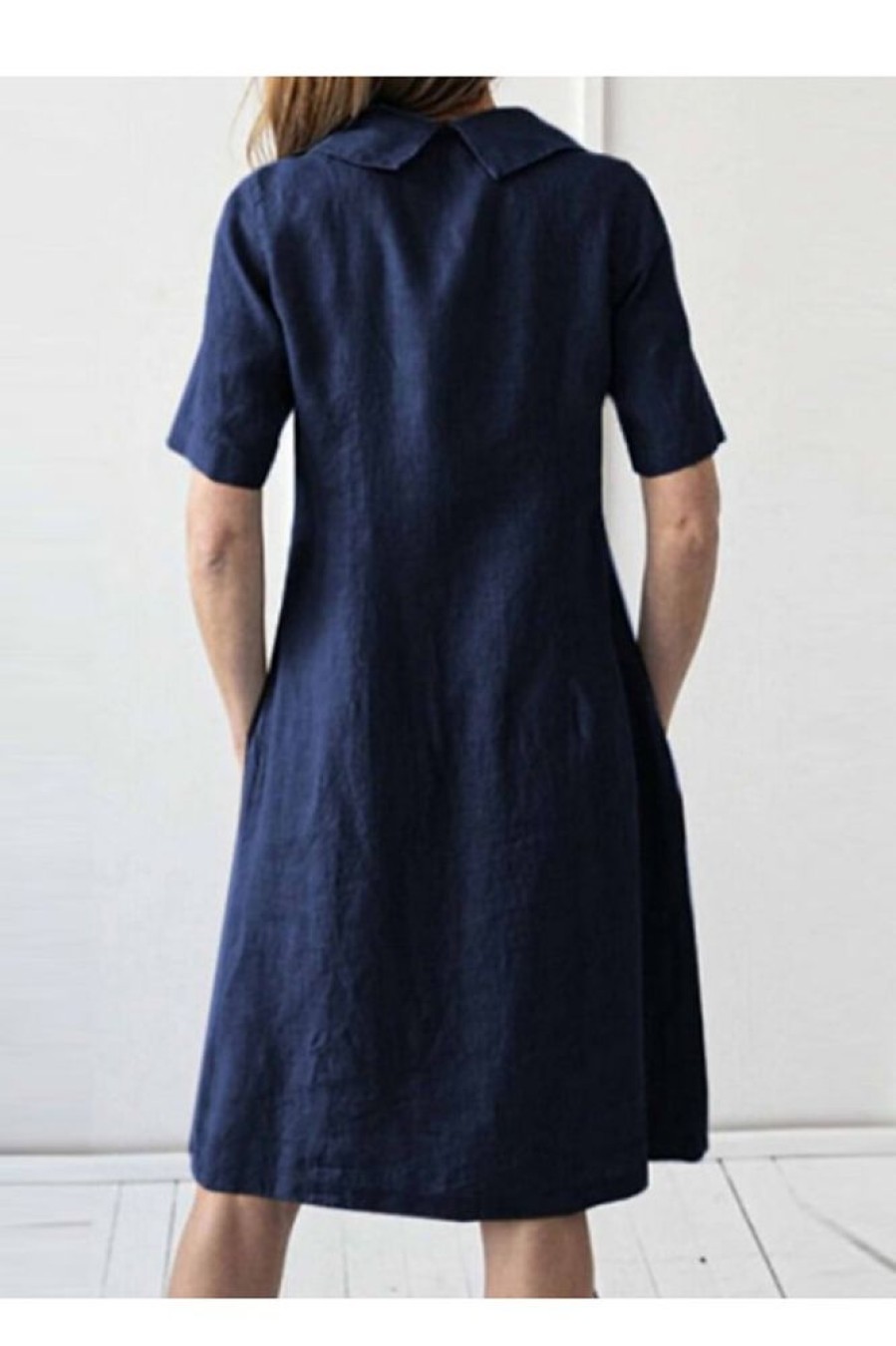 Vetements Azzlee Robes Mi-Longues | Coton Col Rond Manches Courtes Robe Midi Bleu Marine