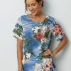 Vetements Azzlee Blouses Et Chemises | Tropical Hawaii Imprime Decontractee Manches Courtes Chemise Bleu