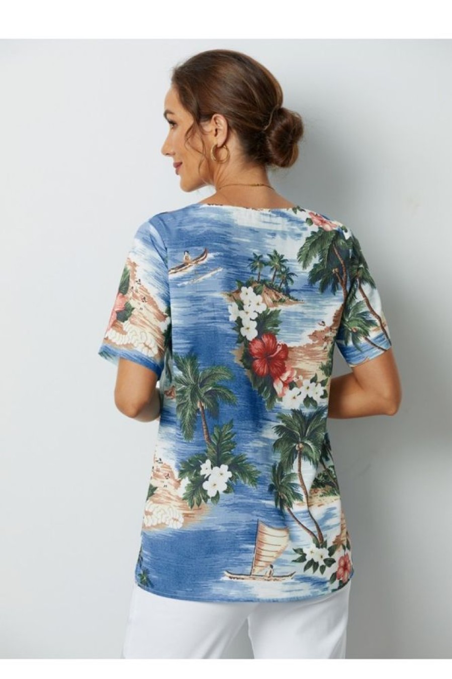 Vetements Azzlee Blouses Et Chemises | Tropical Hawaii Imprime Decontractee Manches Courtes Chemise Bleu