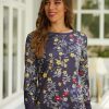 Vetements Azzlee Blouses Et Chemises | Imprime Floral Decontractee Col Rond Manches Longues Chemises Et Hauts Noir