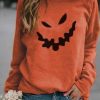 Vetements Azzlee Sweats Et Sweats A Capuche | Decontractee Graphique Hauts Col Rond Manches Longues Monstre Imprime Halloween Sweats Orange