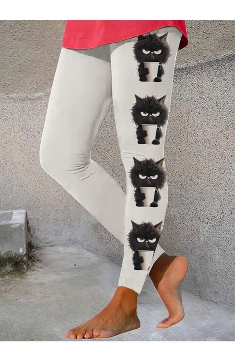 Vetements Azzlee Leggings | Leggings Decontractes Avec Impression Mignonne De Chat Grincheux Noir