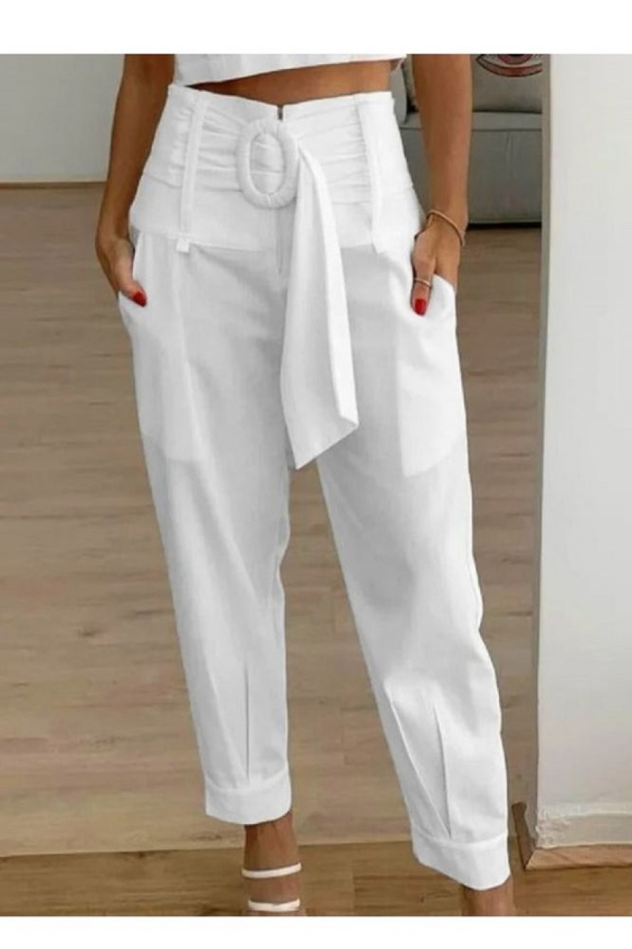 Vetements Azzlee | Occasionnel Plaine Taille Haute Tondu Pantalon Blanc