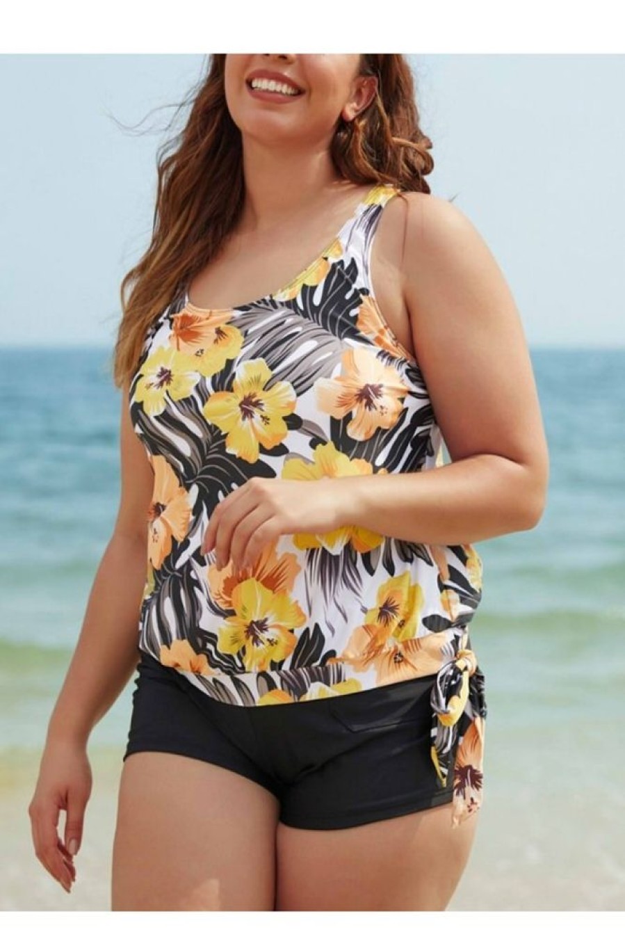 Vetements Azzlee Grande Taille | Ensemble De Tankini Blouson A Nouer A Imprime Floral Multi