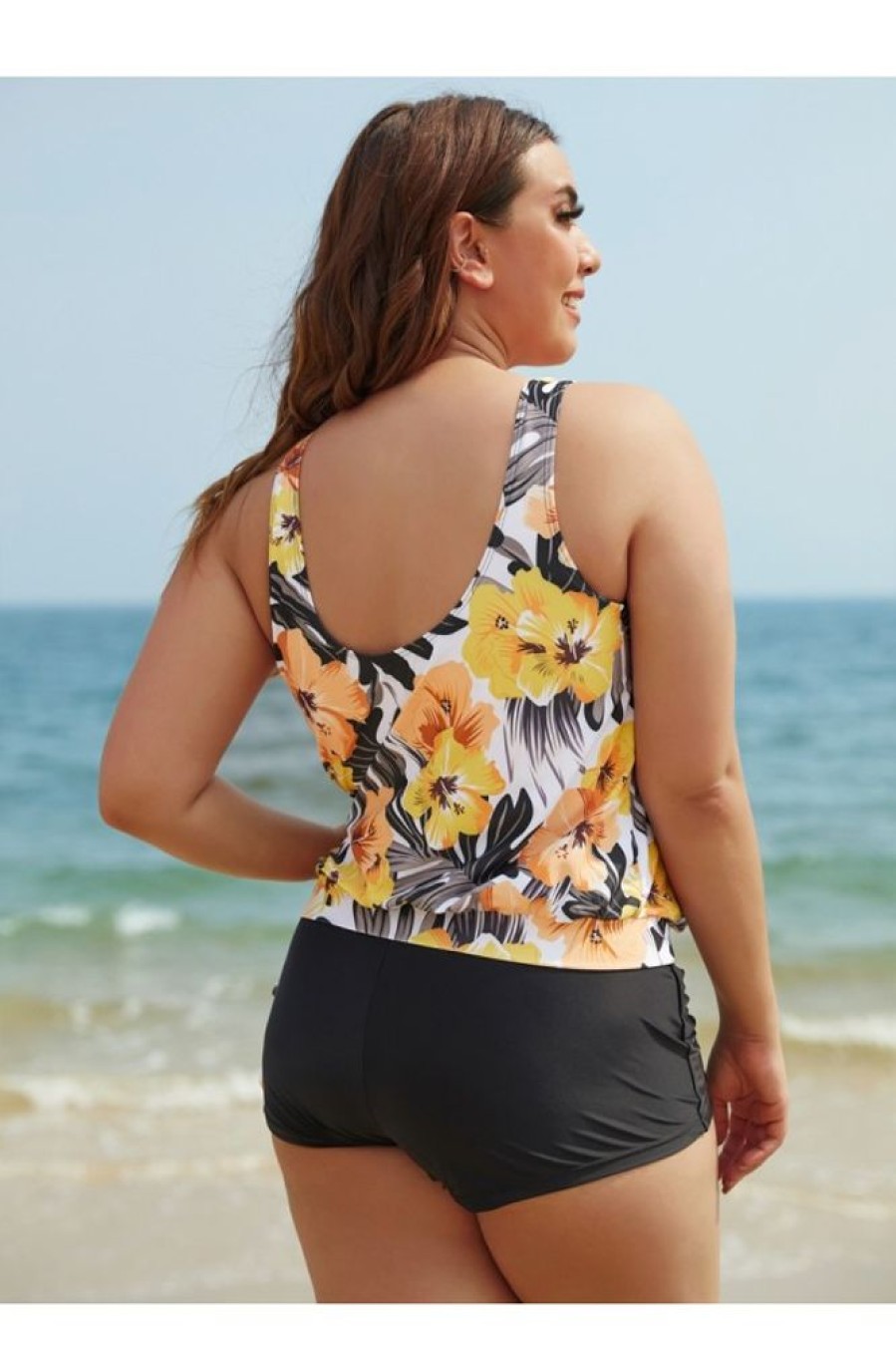 Vetements Azzlee Grande Taille | Ensemble De Tankini Blouson A Nouer A Imprime Floral Multi