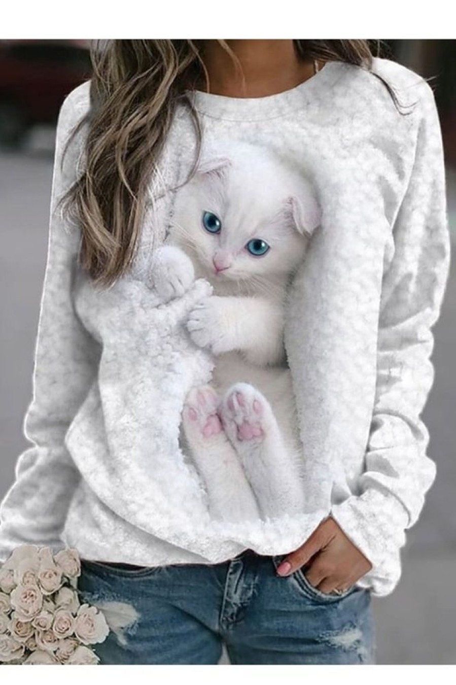 Vetements Azzlee Sweats Et Sweats A Capuche | Sweatshirt A Manches Longues Avec Impression De Chat A La Mode Blanc