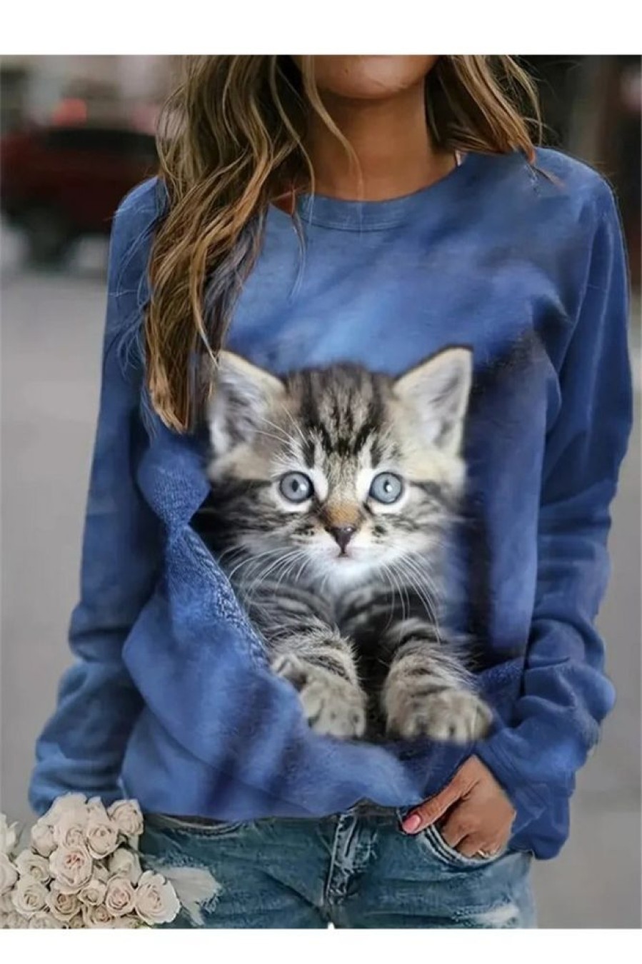 Vetements Azzlee Sweats Et Sweats A Capuche | Sweat-Shirt A Col Rond Avec Impression De Chat A Manches Longues Bleu