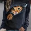 Vetements Azzlee Sweats Et Sweats A Capuche | Decontractee Graphique Hauts Col Rond Chat Imprime Manches Longues Sweats Bleu