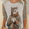 Vetements Azzlee T-Shirts | T-Shirt Decontracte A Manches Longues Et Col Rond Avec Impression De Chat Multicolore