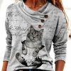 Vetements Azzlee Sweats Et Sweats A Capuche | Gris Mignon Graphique Hauts Col Rond Manches Longues Chat Imprime Sweats Grise