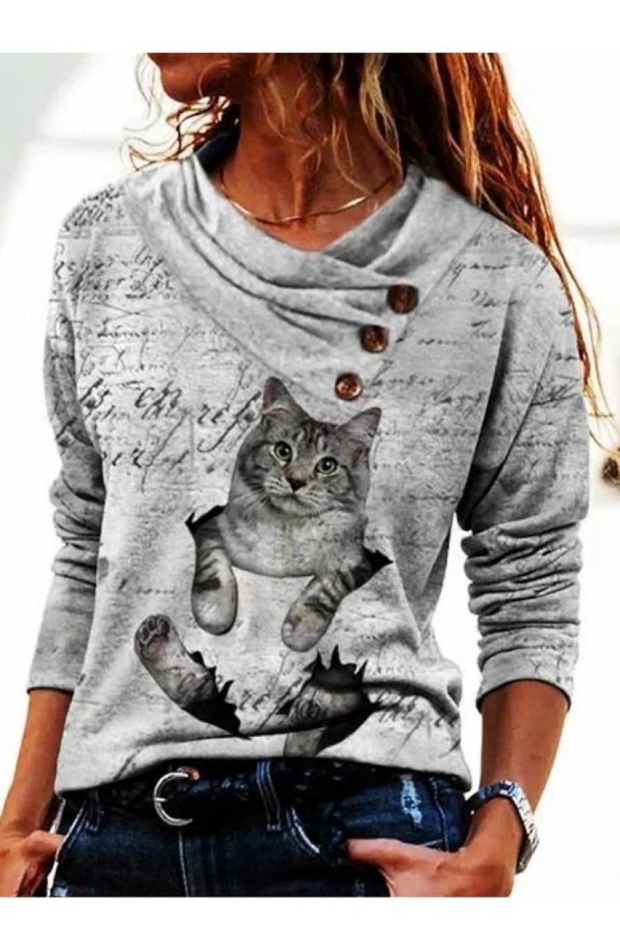 Vetements Azzlee Sweats Et Sweats A Capuche | Gris Mignon Graphique Hauts Col Rond Manches Longues Chat Imprime Sweats Grise