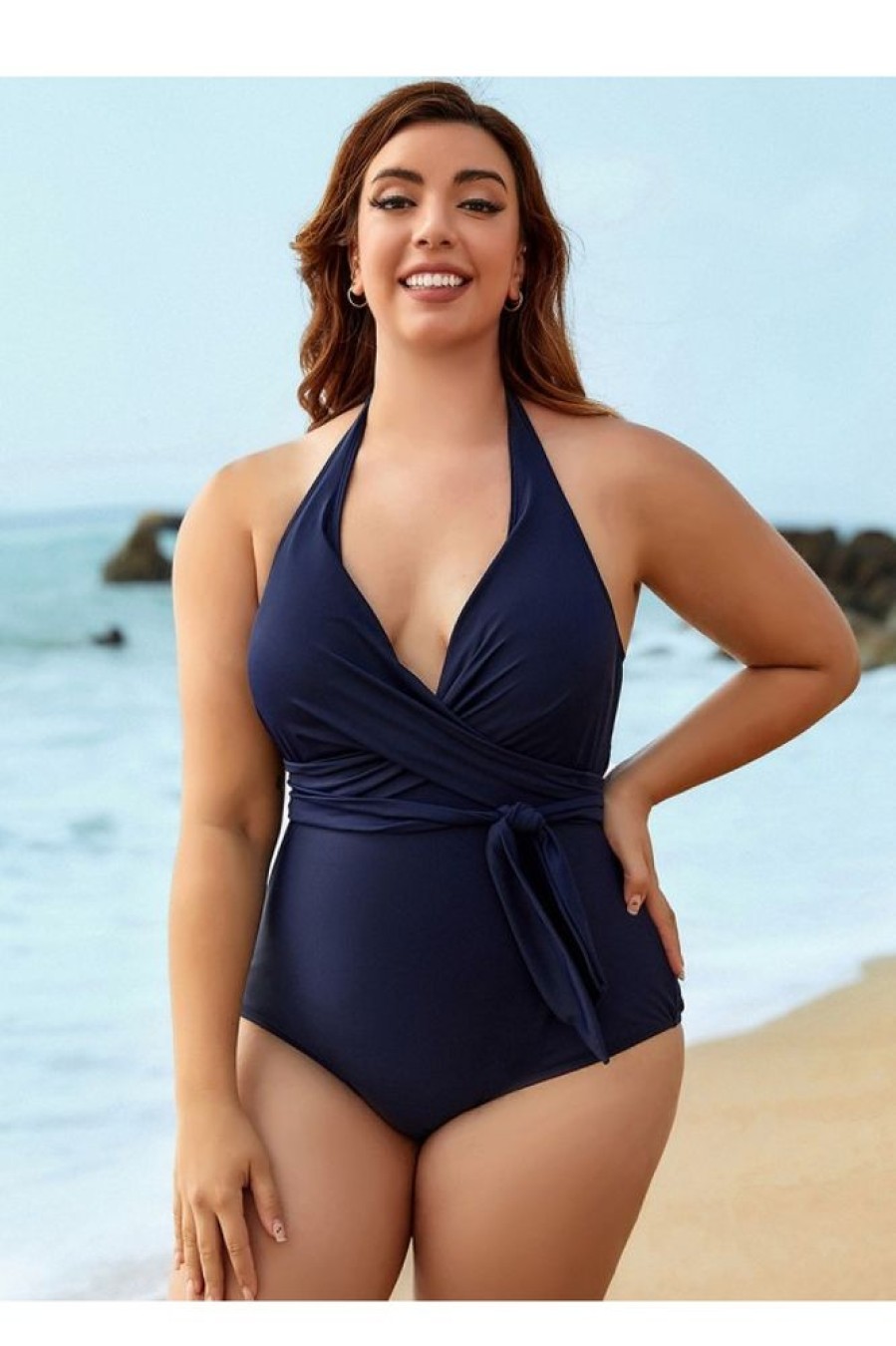 Vetements Azzlee Grande Taille | Maillot De Bain Une Piece Bleu A Col En V Et Bretelles A Nouer Sur Le Devant Marine