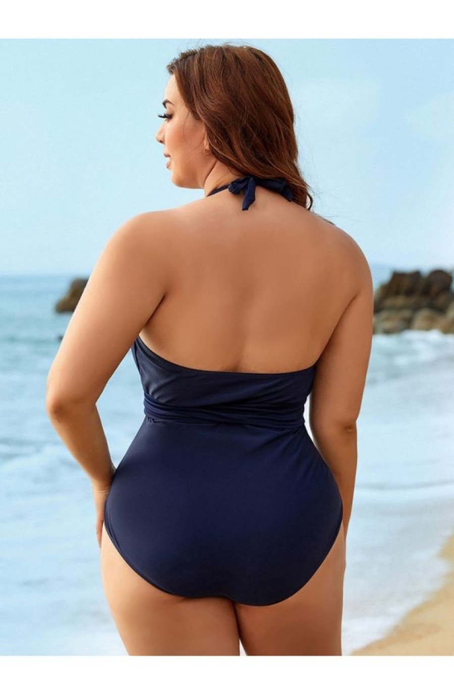 Vetements Azzlee Grande Taille | Maillot De Bain Une Piece Bleu A Col En V Et Bretelles A Nouer Sur Le Devant Marine