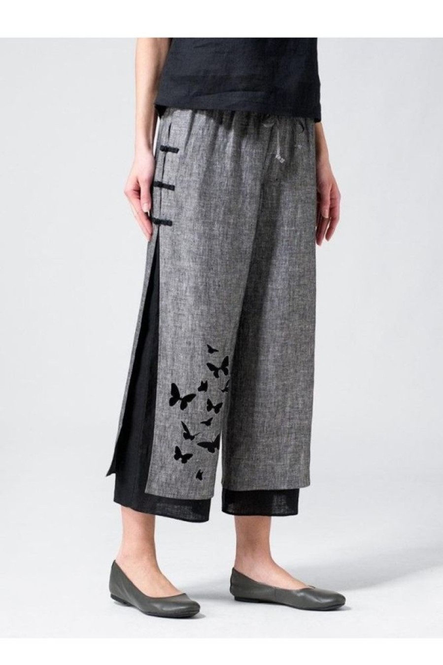 Vetements Azzlee | Imprime Papillon Ceintures Boutons Decontractee Pantalon Noir