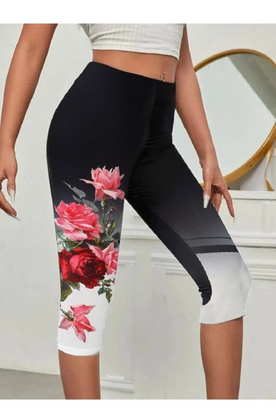 Vetements Azzlee | Occasionnel Imprime Floral Capri Leggings Noir