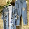 Vetements Azzlee | Imprime Floral Avant Ouvert Decontractee Costume Deux Piecess Bleu