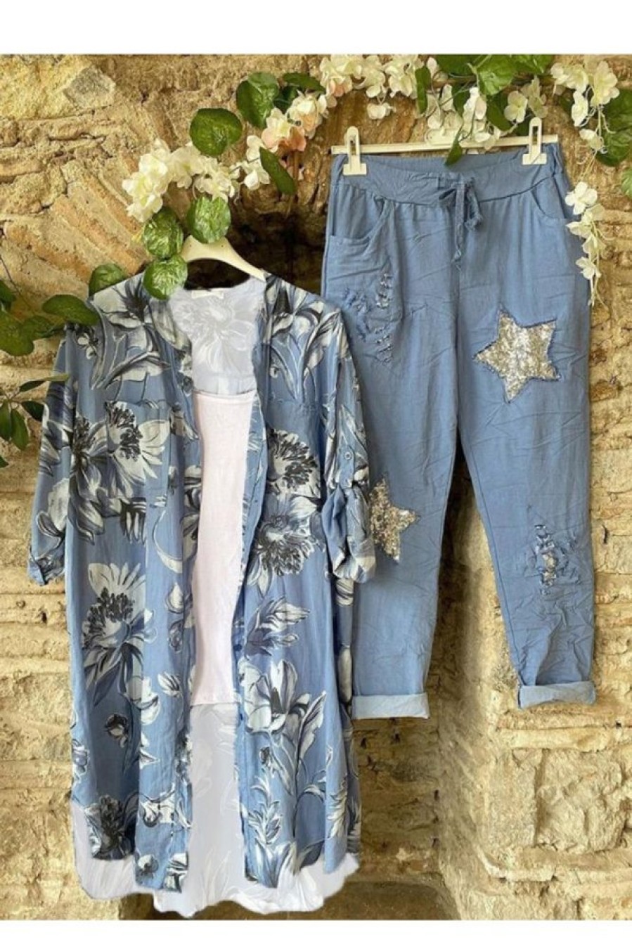 Vetements Azzlee | Imprime Floral Avant Ouvert Decontractee Costume Deux Piecess Bleu