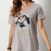 Vetements Azzlee T-Shirts | Empreinte D'Animal Decontractee Col En V Manches Courtes T-Shirt Gris