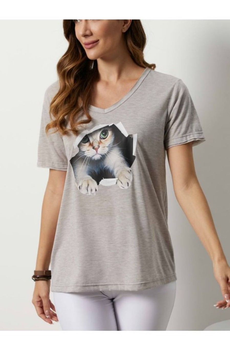 Vetements Azzlee T-Shirts | Empreinte D'Animal Decontractee Col En V Manches Courtes T-Shirt Gris