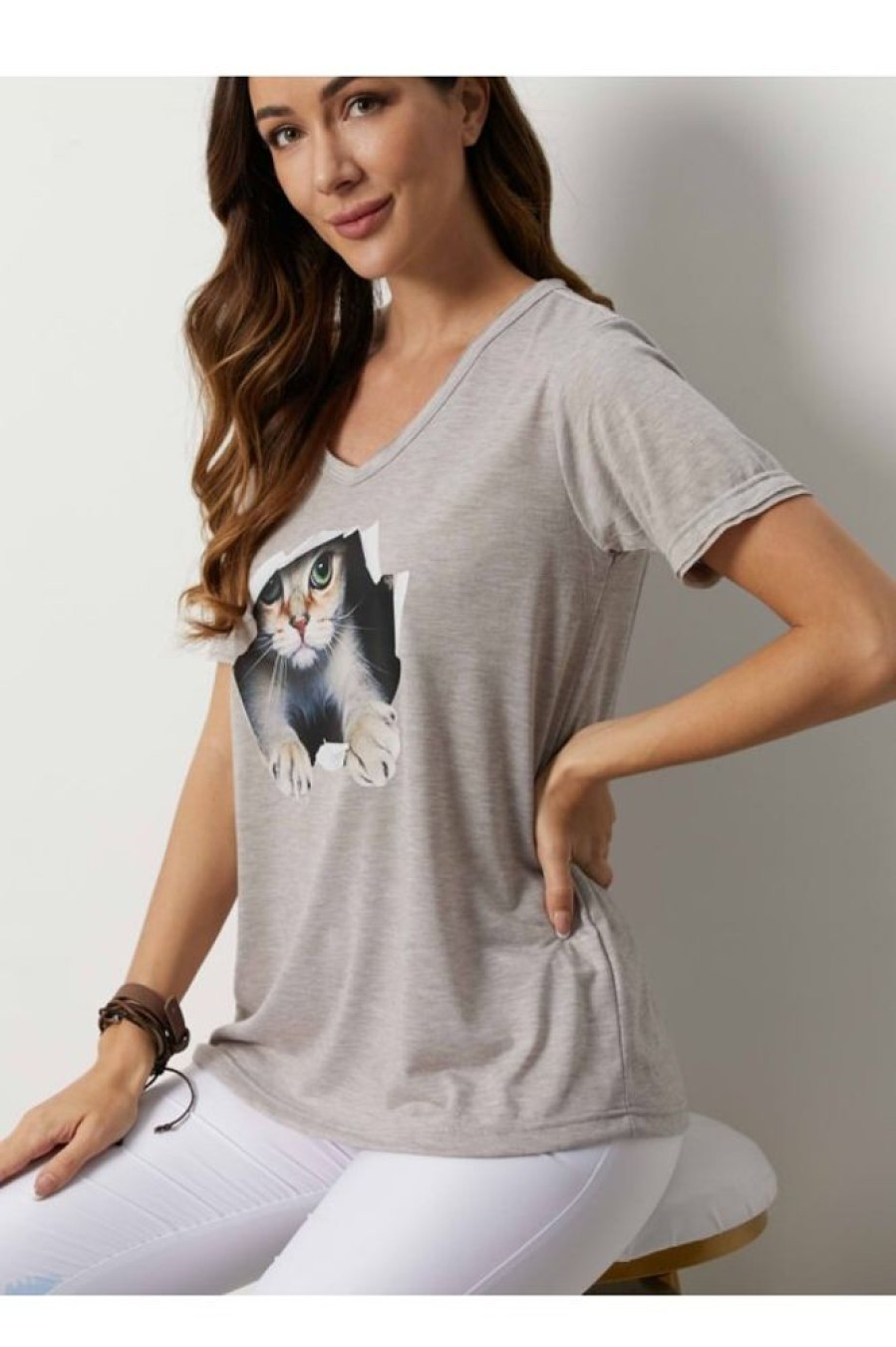 Vetements Azzlee T-Shirts | Empreinte D'Animal Decontractee Col En V Manches Courtes T-Shirt Gris