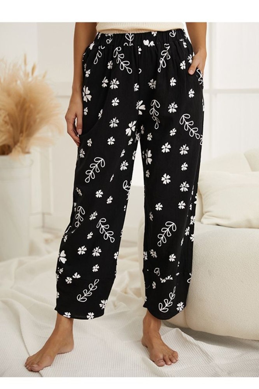 Vetements Azzlee Pantalon | Floral Avec Poches Decontractee Pantalon Noir