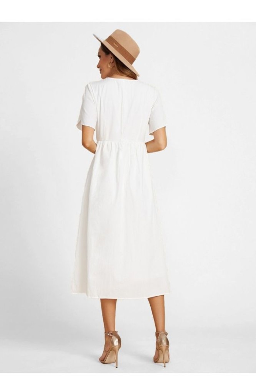 Vetements Azzlee Robes Maxi | Solide Boutons Col En V Manches Courtes Robe Maxi Blanc