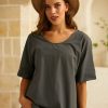 Vetements Azzlee Blouses Et Chemises | Plaine Decontractee Col En V Manches Courtes Chemises Et Hauts Gris Fonce