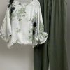 Vetements Azzlee | Femme Imprime Floral Coton Et Lin Decontractee Ensemble Deux Pieces Vert