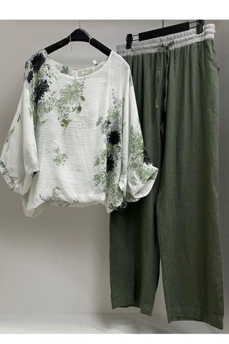 Vetements Azzlee | Femme Imprime Floral Coton Et Lin Decontractee Ensemble Deux Pieces Vert