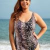 Vetements Azzlee Grande Taille | Maillot De Bain Une Piece Jaguar A Col En V Et Dos Nu De Grande Taille Cafe