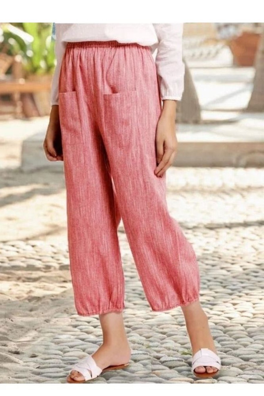 Vetements Azzlee Pantalon | Decontractee Solide Ete Neuvieme Pantalon Rose