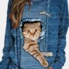 Vetements Azzlee Pulls Et Cardigans | Femme Impression De Chat Manches Longues Col Rond Sweat-Shirt Bleu