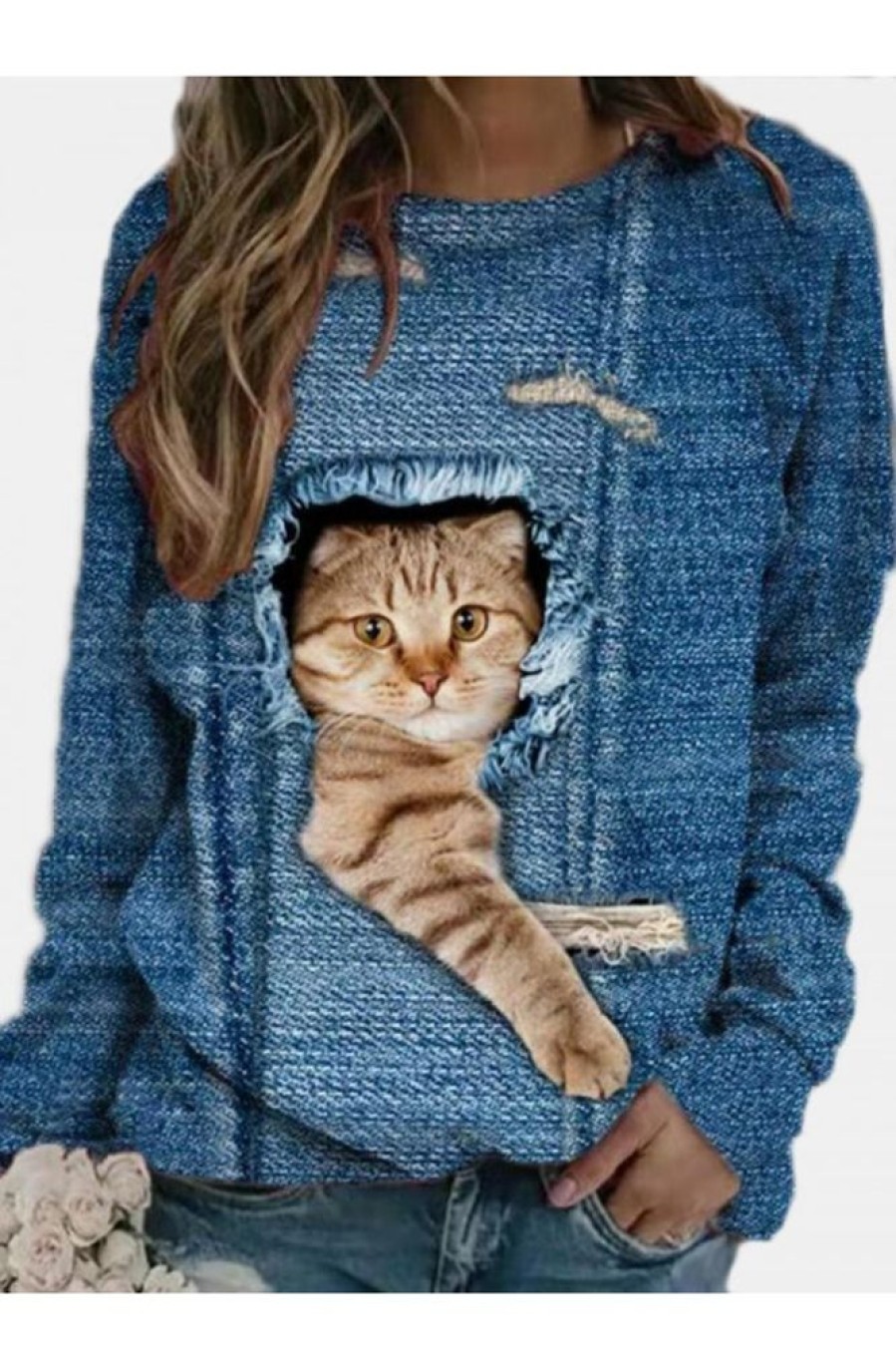 Vetements Azzlee Pulls Et Cardigans | Femme Impression De Chat Manches Longues Col Rond Sweat-Shirt Bleu