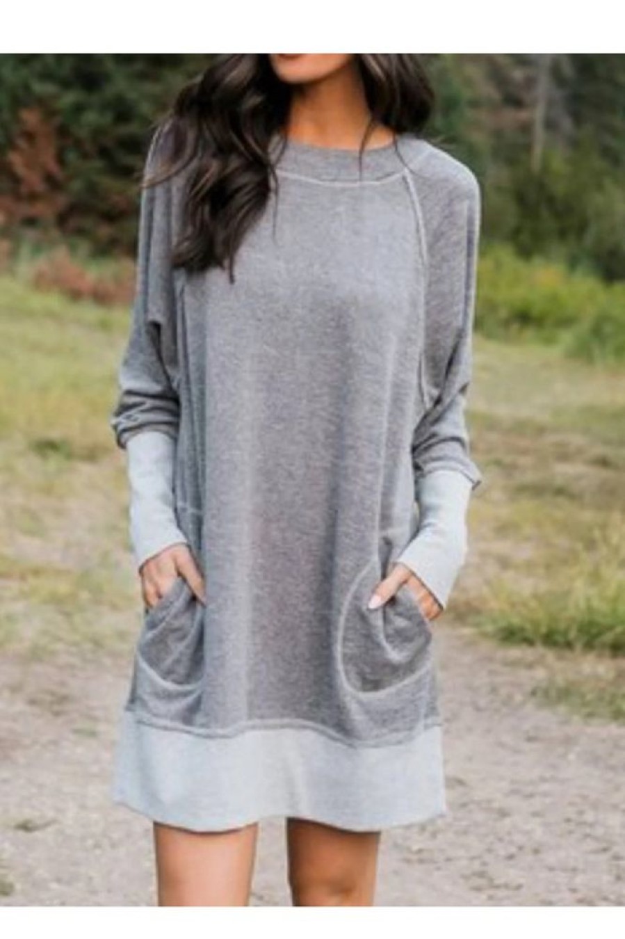 Vetements Azzlee | Gris Decontractee Col Rond Solide Manches Longues Robes Grise