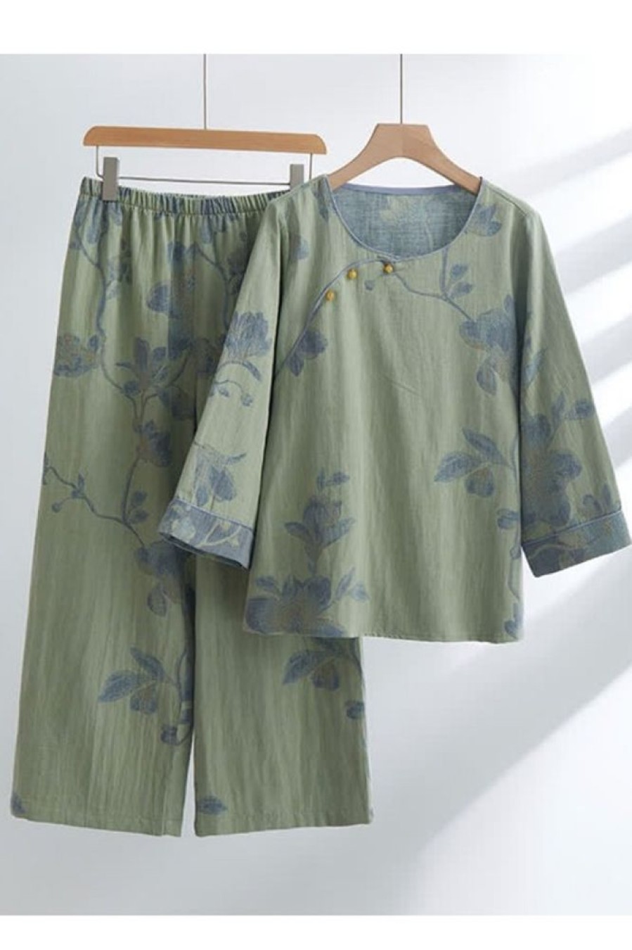 Vetements Azzlee | Ensemble Detente En Coton Confortable A Col Rond Et Motifs Floraux Vert