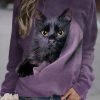 Vetements Azzlee Sweats Et Sweats A Capuche | Violet Decontractee Graphique Hauts Col Rond Manches Longues Chat Imprime Sweats Pourpre