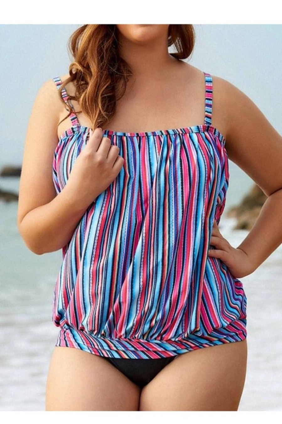 Vetements Azzlee Grande Taille | Ensemble De Tankini Grande Taille A Encolure Bandeau A Rayures Colorees Multi Stripe