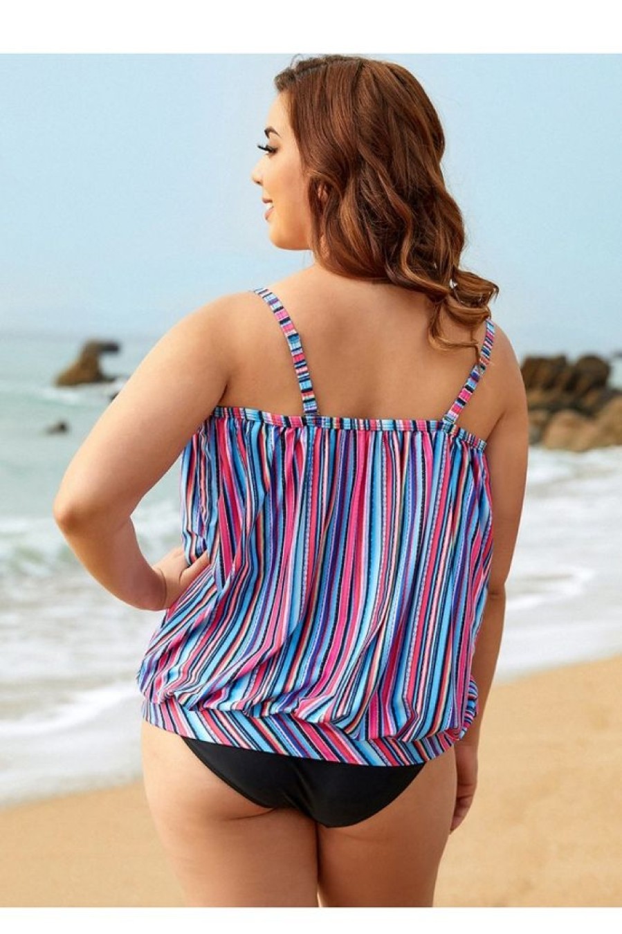 Vetements Azzlee Grande Taille | Ensemble De Tankini Grande Taille A Encolure Bandeau A Rayures Colorees Multi Stripe