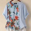 Vetements Azzlee Blouses Et Chemises | Imprime Fleurs Patchwork Bouton Col Rond Chemisier Bleu Clair