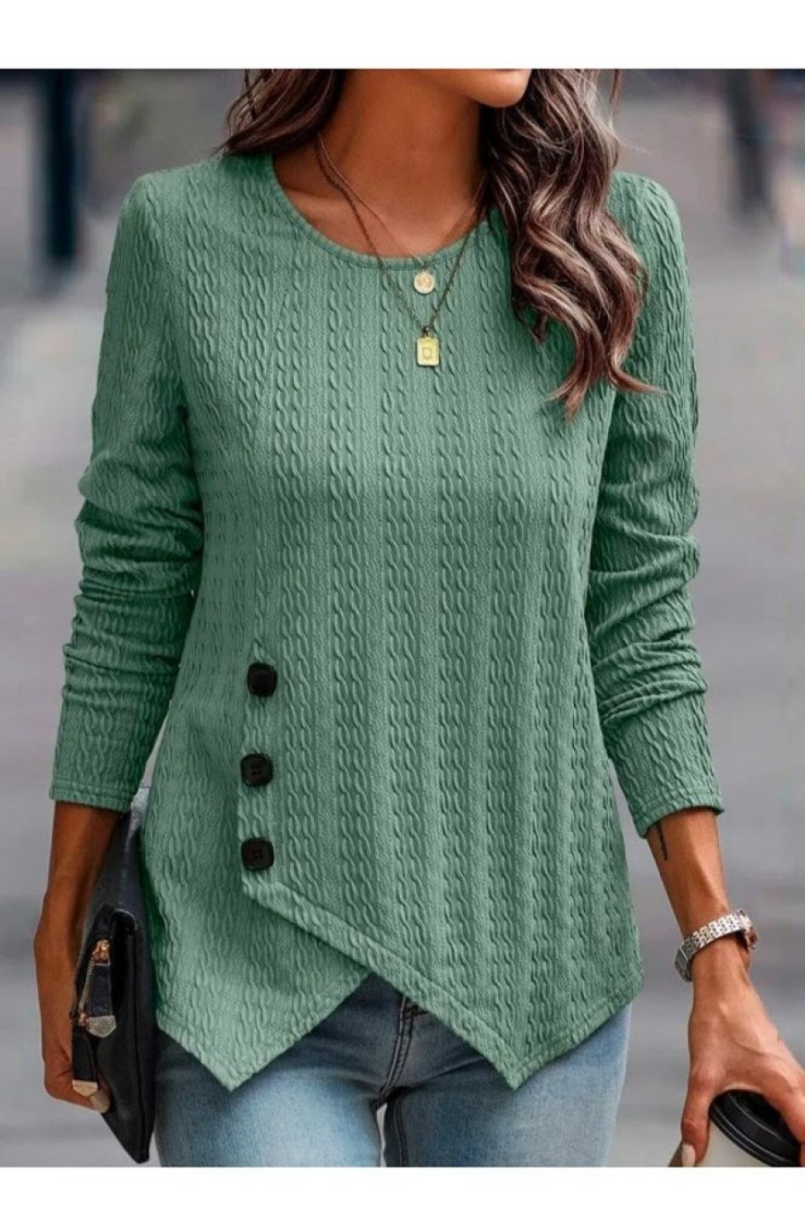 Vetements Azzlee Blouses Et Chemises | Occasionnel Col Rond Solide Manches Longues Chemisier Vert