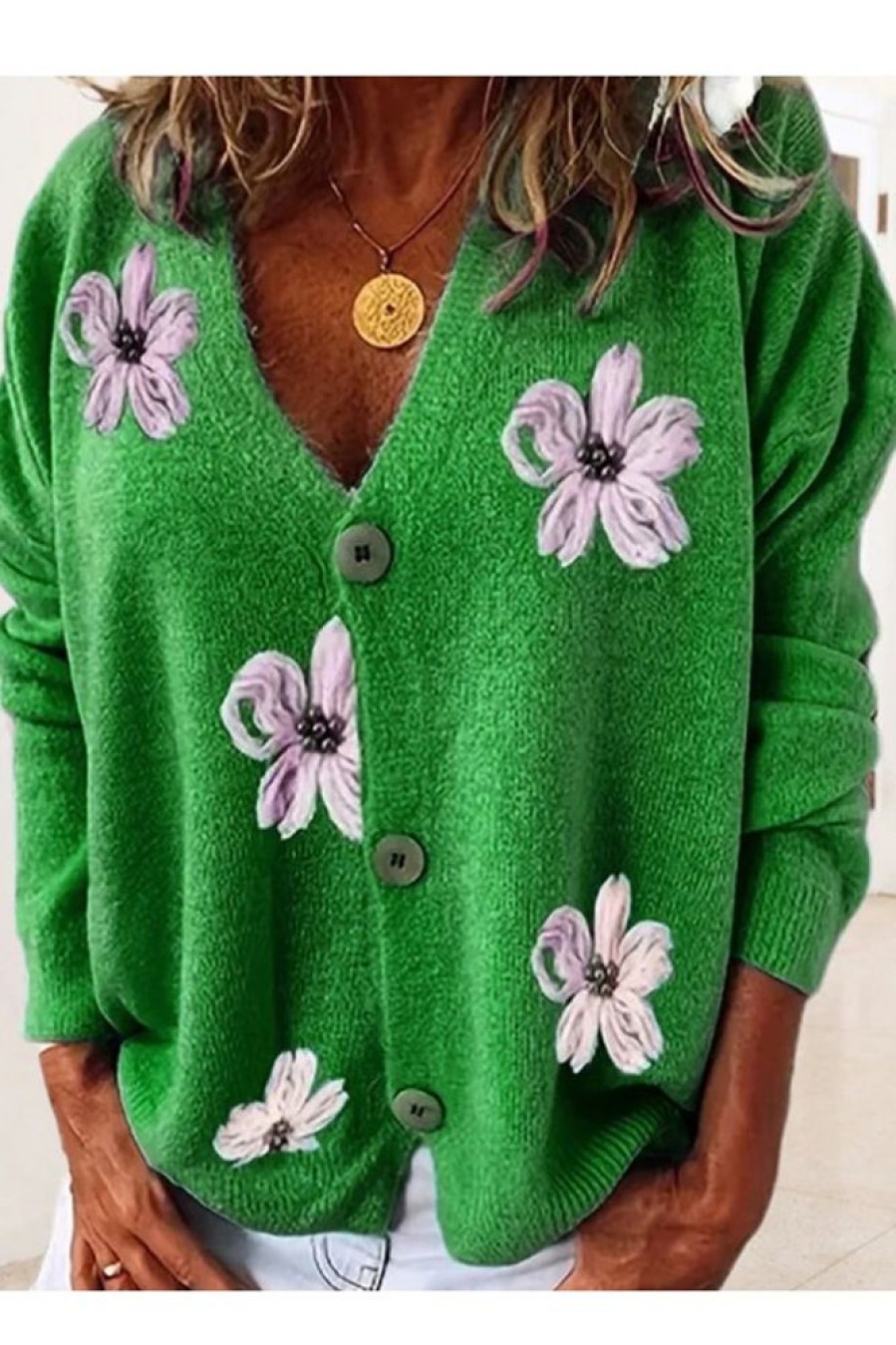 Vetements Azzlee Pulls Et Cardigans | Cardigan Decontracte Floral Pour Femme Vert