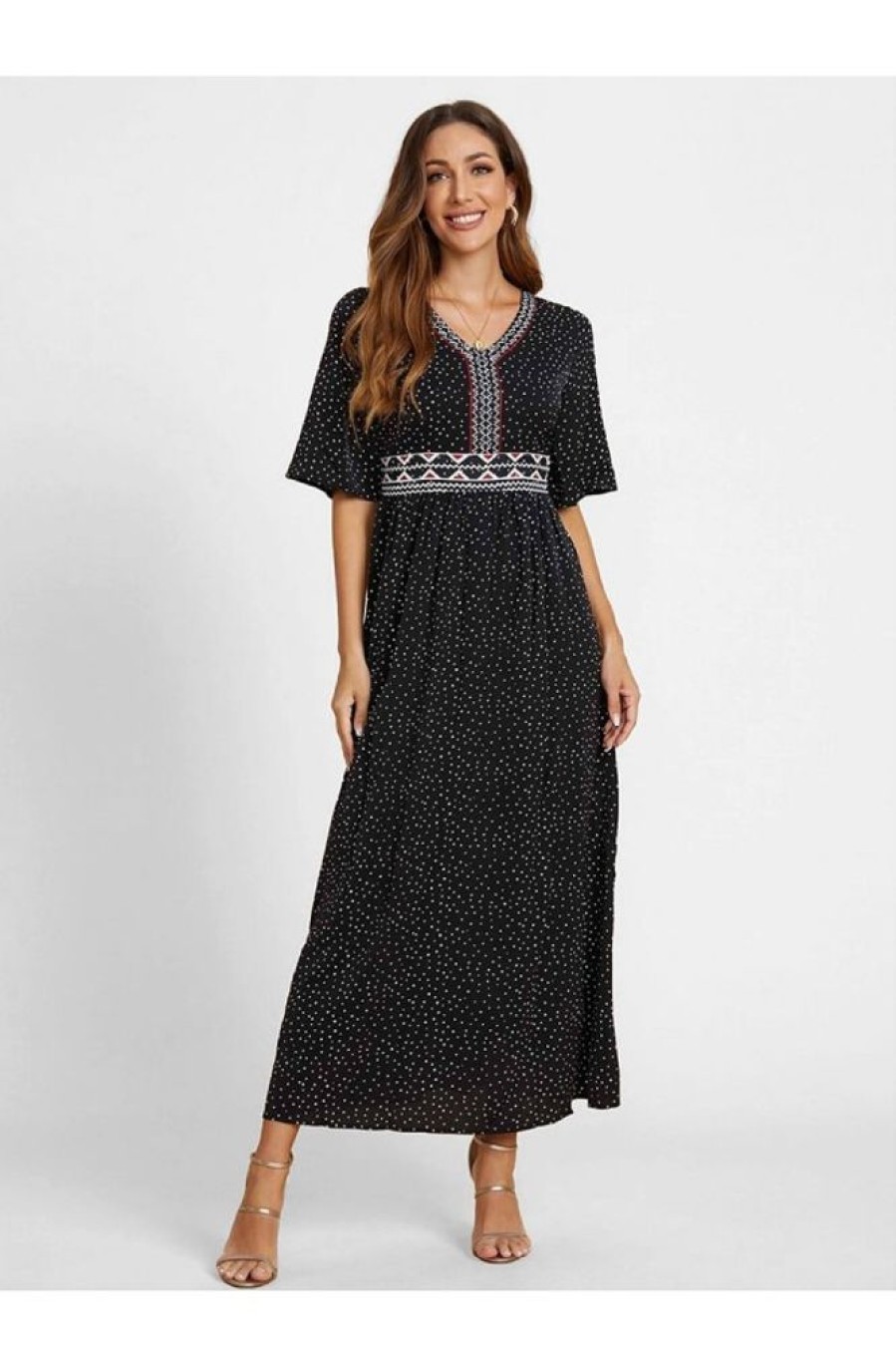 Vetements Azzlee Robes Maxi | Col En V Demi-Manches Imprime A Pois Modeste Robe Maxi Noir