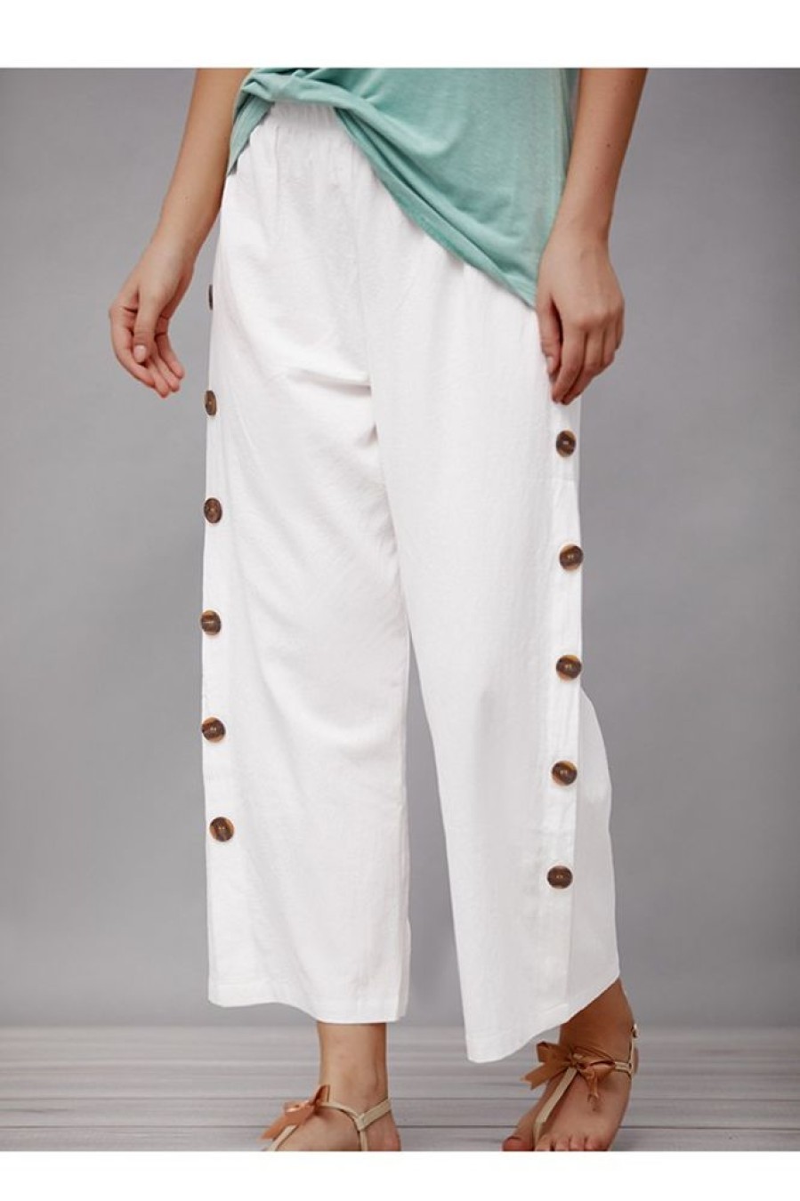 Vetements Azzlee Pantalon | Plaine Boutons Decontractee Jambes Droites Pantalon Blanc