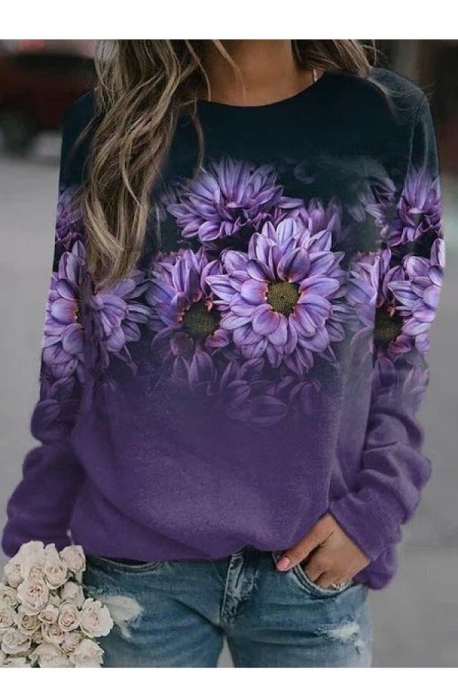 Vetements Azzlee Sweats Et Sweats A Capuche | Violet Occasionnel Col Rond Imprime Floral Manches Longues Sweats Pourpre